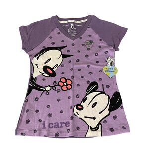 Mutts Organic Women's Earth Friendly V-Neck T-Shirt Cat & Dog Purple, Size S NWT